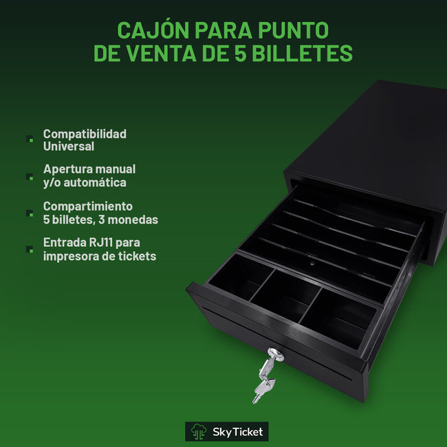 Cajón Chico De Dinero Uso Rudo Punto Venta 5 Billetes 8 Monedas Apertura Automática RJ11 - Incluye Un Par De Llaves.