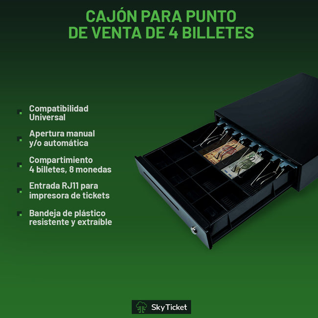 Cajón De Dinero Punto De Venta RJ11 Apertura Automática, Compartimientos De 8 Monedas Y 4 Billetes.