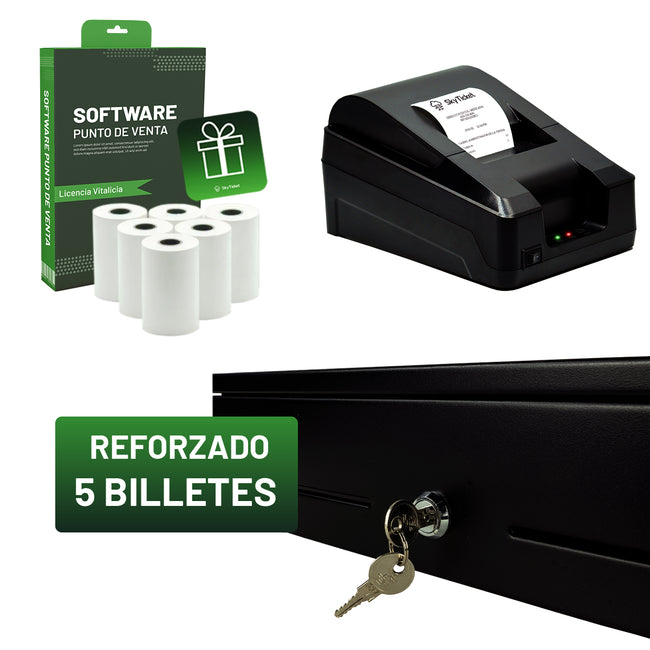 Kit de Punto De Venta Impresora De Tickets 58 Mm Más Cajón De Dinero 5 Billetes Y 8 Monedas - Incluye 5 Rollos Y Software De Regalo.