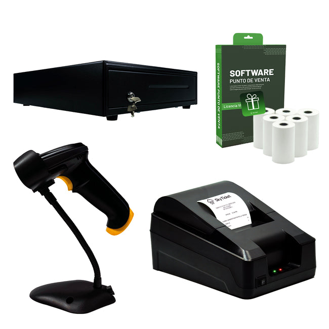Kit De Punto De Venta Cajón 4 Billetes 8 Monedas, Impresora De Ticket, Lector De Código De Barras - Incluye 5 Rollos Y Software De Regalo.