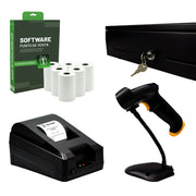 Kit de Punto De Venta Cajón De 4 Billetes 8 Monedas, Impresora De Ticket, Lector De Código De Barras Con QR - Incluye 5 Rollos y Software De Regalo.