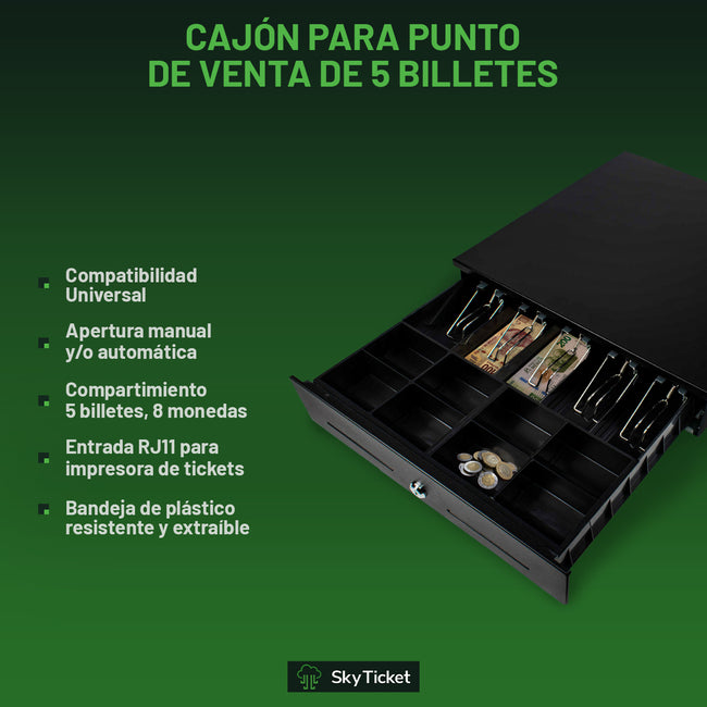 Kit De Punto De Venta Cajón De 4 Billetes 8 Monedas, Impresora De Ticket, Lector De Código De Barras, Point Blue- Incluye 5 Rollos y Software De Regalo.